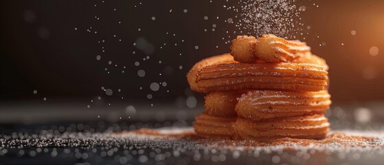 Wall Mural - Render a side shot of a stack of freshly fried churros, dusted with cinnamon sugar, highlighting their fluffy interior and crunchy exterior,