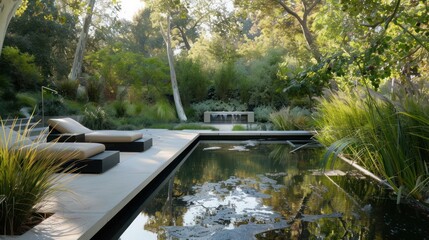 tranquil water feature area with a reflecting pool, minimalist seating, and soothing water sounds to create a peaceful backyard retreat