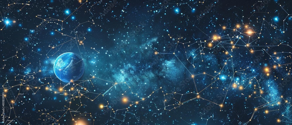 Stock image of a detailed star chart with constellations and celestial ...