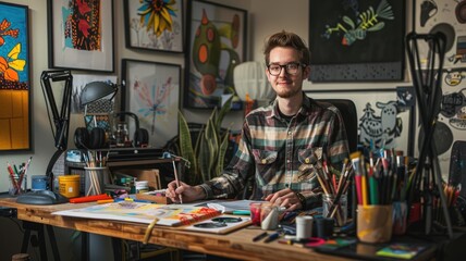 An artist is deeply engrossed in their work at a drawing desk surrounded by various artworks in a studio setting AIG58