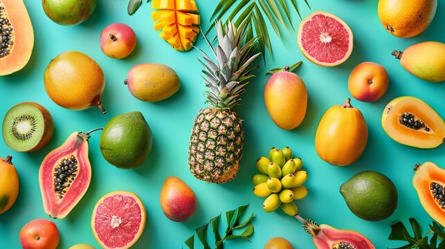 Tropical Fruits on Turquoise Background