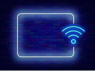 Wall Mural - Wifi zone neon announcement. Internet online. Holiday promotion. Empty white frame and wifi symbol. Event celebration. Copy space. Editable stroke. Vector stock illustration