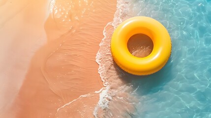 Wall Mural - A bright yellow swim ring floating on turquoise water at the edge of a sandy beach. Perfect for summer and vacation themes.