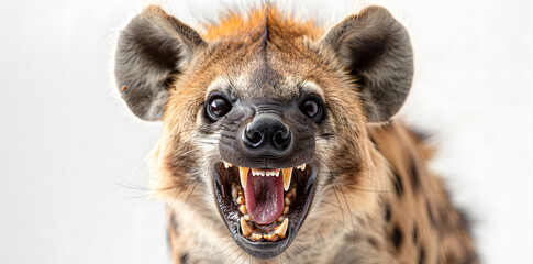 Wall Mural - Closeup head shot of angry hyena face isolated on white background