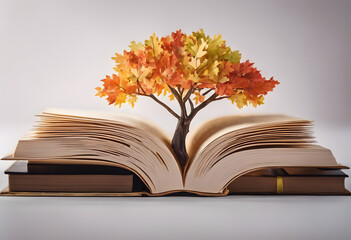 Wall Mural - A conceptual image of an open book with a tree growing out of its pages. The tree has autumn-colored leaves, symbolizing knowledge and growth. Read a Book Day.