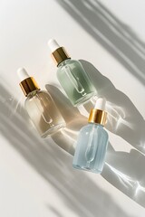 Glass bottles of face oil in three colors of light blue, yellow and white, on the table with a light background, natural lighting, and sunlight shining through the window casting shadows.