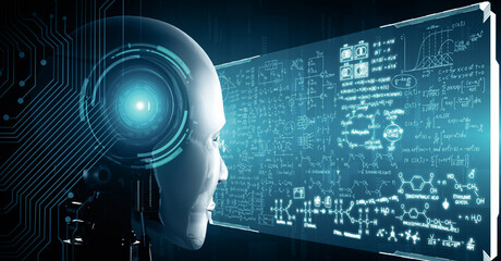 Poster - mlp 3d illustration hominoid ai robot looking at hologram screen in concept of math calculation and 