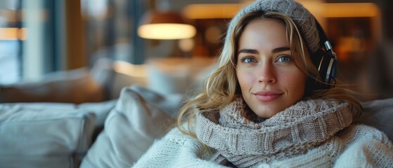A woman wearing a white sweater and a scarf is sitting on a couch
