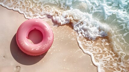 Wall Mural - Aerial view of a pink inflatable ring on sandy beach with gentle ocean waves. Perfect for summer vacation and beach holiday themes.