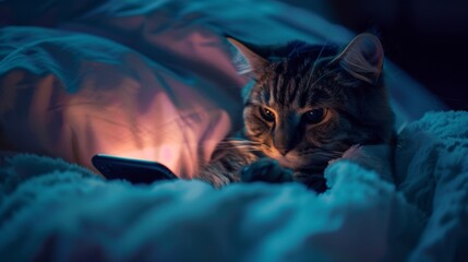 Cat in bed with smartphone at night. Funny pets, social media and Internet news addiction, screen time before sleeping concept, insomnia, cannot sleep. Gadget addicted, playing games, browsing