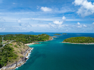 Amazing seascape view seashore and mountains, Aerial view of Tropical sea in the beautiful Phuket island Thailand, Travel and business tour website background concept