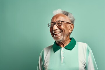 Portrait of a happy indian elderly man in his 90s sporting a breathable mesh jersey isolated on plain white digital canvas