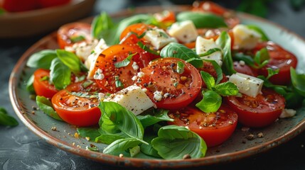 Wall Mural - Close-up of a caprese salad with sliced tomatoes, diced mozzarella cheese, and fresh basil leaves sprinkled with seasonings