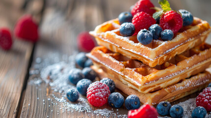 closeup of waffles with berries and sugar powder on a wooden table