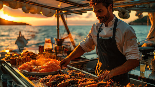 A man is cooking seafood on a boat