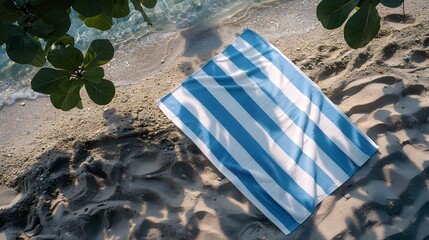 Wall Mural - Blue and white striped beach towel on sandy shore, with ocean waves and greenery in background, perfect for summer vacation imagery.