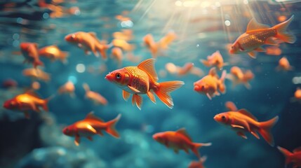 Vibrant goldfish swim underwater with light rays penetrating the water
