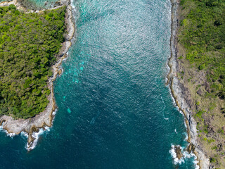 Amazing seascape view seashore and mountains, Aerial view of Tropical sea in the beautiful Phuket island Thailand, Travel and business tour website background concept