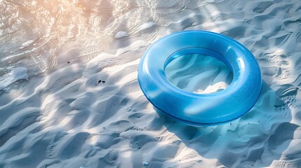 Wall Mural - Blue inflatable swim ring floating in clear, sunlit ocean water with rippled sandy bottom, creating a serene, summery beach vibe.