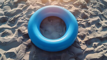 Wall Mural - Bright blue inflatable swim ring resting on sandy beach, capturing the essence of summer and outdoor relaxation by the sea.