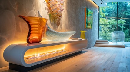 A light room with a wall-mounted, ultra-modern ethanol fireplace and a glass sculpture