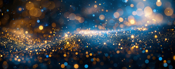 abstract background with Dark blue and gold particle. Christmas Golden light shine particles bokeh on navy blue background