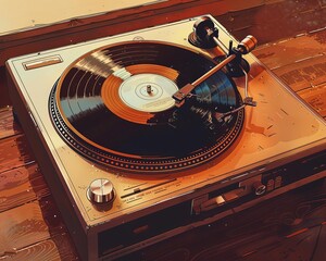 Vintage record player with a spinning vinyl, nostalgic, sepia tones, realistic illustration