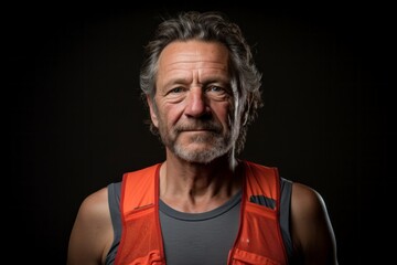 Wall Mural - Portrait of a glad man in his 50s wearing a lightweight running vest while standing against bare monochromatic room