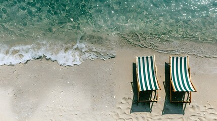 Wall Mural - Two striped beach chairs facing the ocean on a sandy shore with gentle waves. Perfect for a relaxing beach getaway or vacation concept.