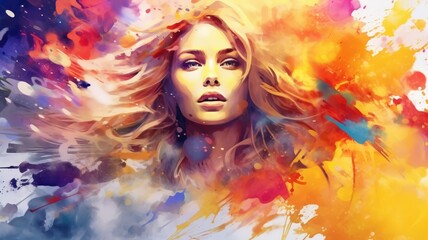 Wall Mural - Close up of young beautiful woman portrait with dynamic watercolor splash. Artistic and abstract painting concept. Creativity and beauty expression for design and modern art. Imagination. AIG35.