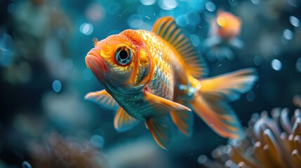 Wall Mural - Close-Up of a Goldfish Swimming in an Aquarium