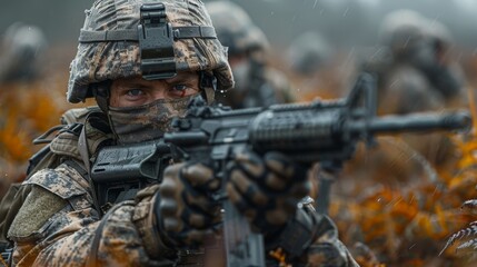 A soldier in camouflage gear aiming a rifle, with a focus on military action and defense