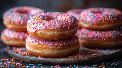 Wall Mural - Stacked glazed donuts with pink frosting and colorful sprinkles on a dark wood surface