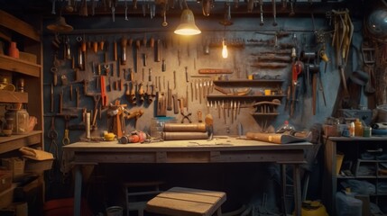 a workshop with tools hanging on the wall and a workbench