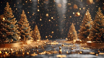 Canvas Print - Golden Christmas Trees with Falling Glitter