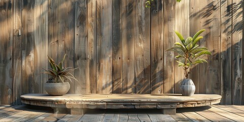 Wall Mural - Rustic Wooden Platform with Plants and Shadows