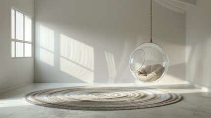 Wall Mural - An empty light room with a suspended bubble chair and a plush, round rug