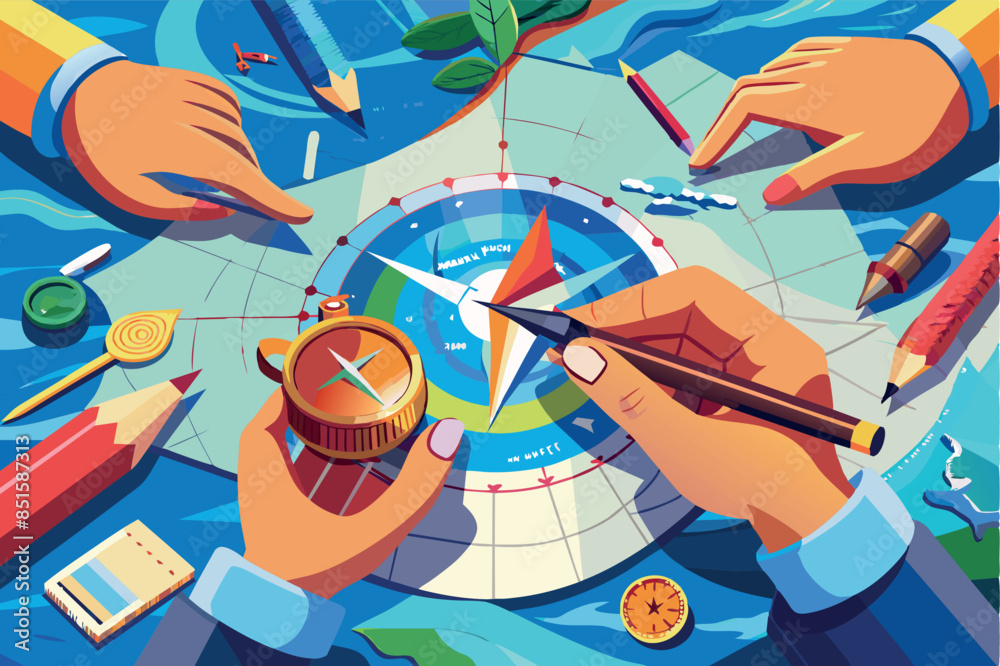 Illustration of two hands working with a navigation map and various ...