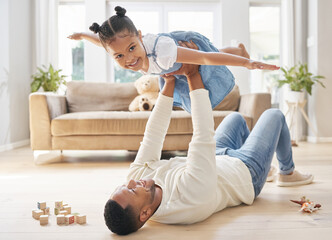 Poster - Father, girl and portrait with airplane game for childhood fun, weekend bonding and playful with love or care. Dad, child and holding or lifting daughter in air or house for flying, support and floor