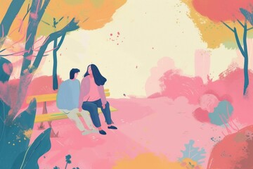 Wall Mural - Cute people in park illustration painting adult art.