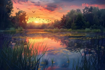 Wall Mural - sunset over the river