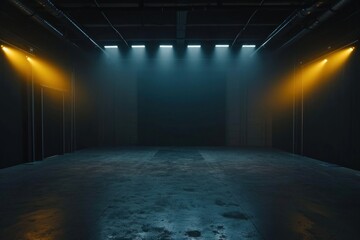 Wall Mural - Black studio with minimal fog yellow spotlights lighting architecture illuminated.