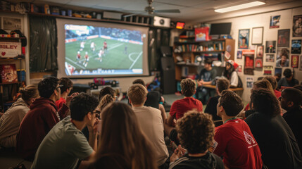 A group of people gathers in a room to watch a soccer game on a big screen, creating a communal viewing experience.