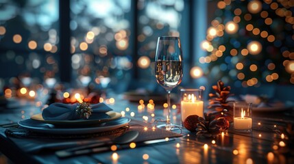 Elegant Christmas Dinner Table Setting with Festive Lights and Decor