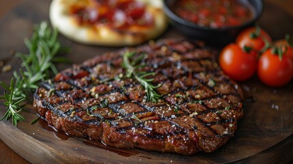 Wall Mural - Delicious grilled steak on wooden board with tomatoes and sauce, close-up shot with rustic background