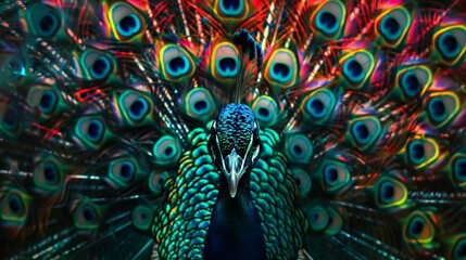 A tight shot of a peacock, its head at the focal point amidst an expanse of vivid feathers on its back
