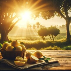 Wall Mural - golden hour lemon citrus fruits on wooden table with trees field on morning sunshine background with copyspace area.