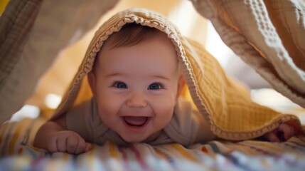 A baby playing peek-a-boo with a parent, hiding behind a blanket and bursting into laughter.