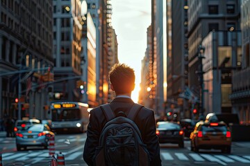 A man wearing a backpack is strolling along a bustling urban street