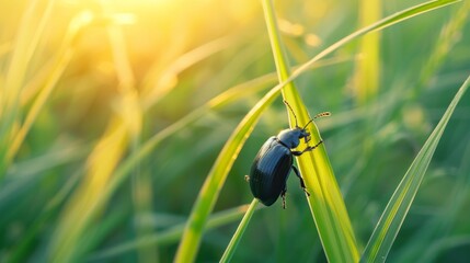 Poster - A beetle climbing up a blade of grass, with the early morning light casting a soft glow.